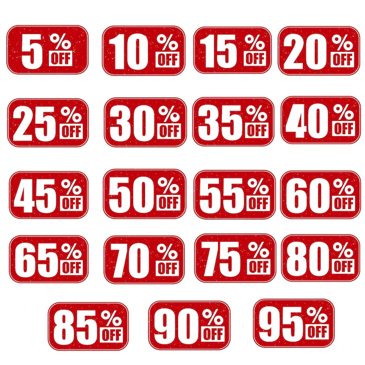 Vettore insieme di percentuale di sconto etichetta francobollo rosso raccolta di sconto percentuale francobolo rosso
