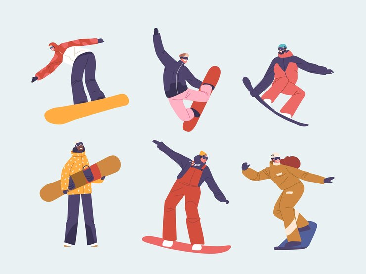 Vettore insieme di persone che si allenano sulla stazione sciistica attività invernali e all'aperto estremo snowboard sport uomini e donne in costumi sportivi facendo acrobazie di salto con snowboard illustrazione vettoriale dei cartoni animati