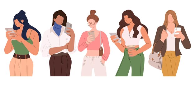 insieme di persone che utilizzano smartphone che navigano in Internet in chat sull'illustrazione dei social media