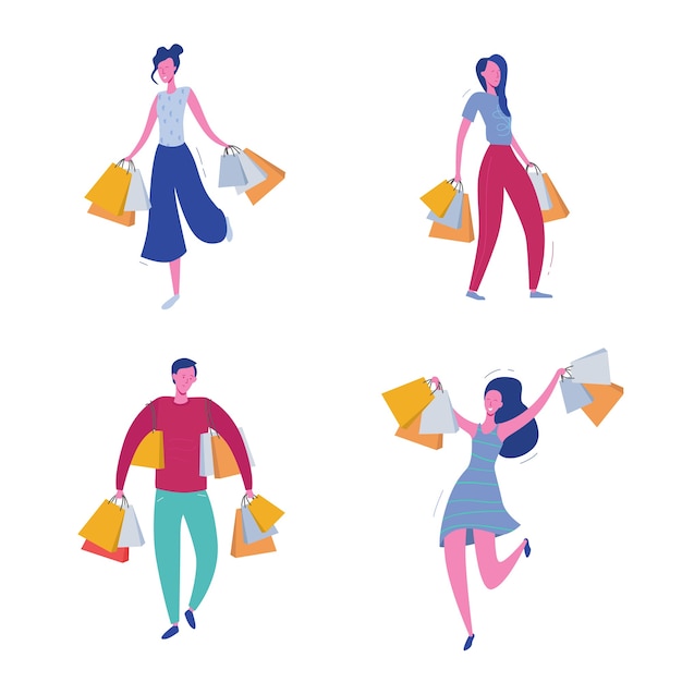 Insieme di persone con borse della spesa e regali. Personaggi di uomo e donna, grande vendita, sconto e banner pubblicitari, illustrazione di concetto di poster promozionale
