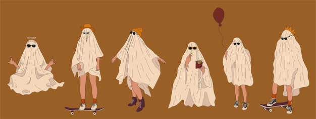 Insieme di persone in costume di Halloween fantasma illustrazione vettoriale di stile di design piatto