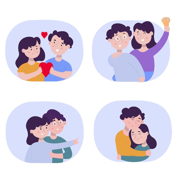 Insieme di persone in vari di amore da famiglia uomo e donna coppia padre con figlia madre con figlio e nonno con nipote fumetto illustrazione vettoriale