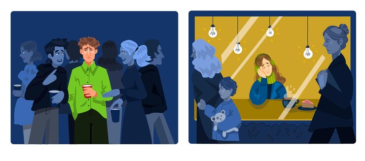 Vettore insieme di persone sole i personaggi con problemi psicologici soffrono di mancanza di amici e comunicazione l'uomo e la donna tristi o sconvolti si sentono soli nella folla raccolta di illustrazioni vettoriali piatte dei cartoni animati