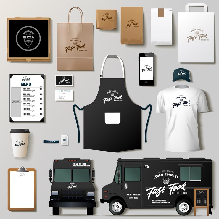 Vettore insieme di progettazione del modello di identità corporativa del camion dell'alimento. modello di branding ,.