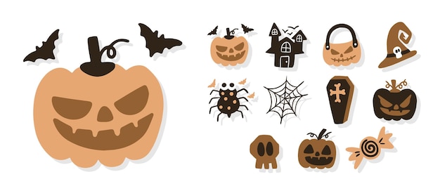 Insieme di raccolta vettoriale di elementi di Halloween Grafica vettoriale del witcher della ragnatela del pipistrello della zucca del fantasma dell'osso