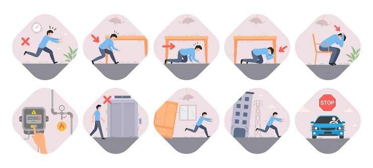 Vettore insieme di regole di sicurezza di emergenza terremoto e illustrazione del vettore di istruzioni