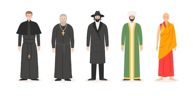 Vettore insieme di sacerdoti di diverse religioni. sacerdoti cristiani, cattolici, rabbini ebraici ortodossi, mullah musulmani, monaci buddisti. illustrazione dei caratteri di vettore nello stile piano del fumetto isolato