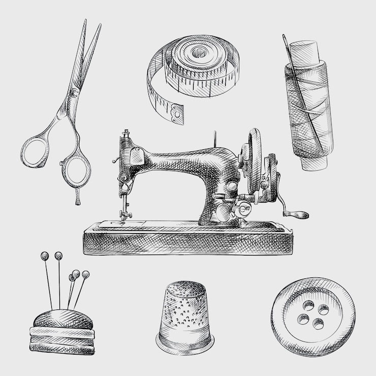 Vettore insieme di schizzo disegnato a mano di attributi di cucito. il set comprende cinturino da centimetro, forbici, filo con ago, macchina da cucire antica, bottone, cuscino con aghi, ditale