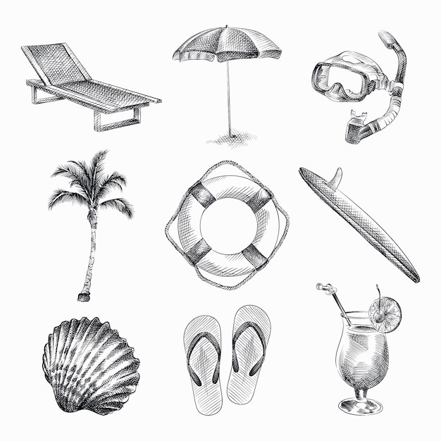 Insieme di schizzo disegnato a mano di strumenti di vacanze estive. Il set comprende lettino da spiaggia, ombrellone, maschera da sub, palma, salvagente, tavola da surf, cocktail, infradito, conchiglia