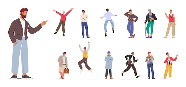 Insieme di uomini diversi indossano abiti formali e casual Vecchi e giovani personaggi maschili Salta rallegrati Sbrigati al lavoro Ragazzi e signori anziani Confusi felici e divertenti Cartoon People Vector Illustration
