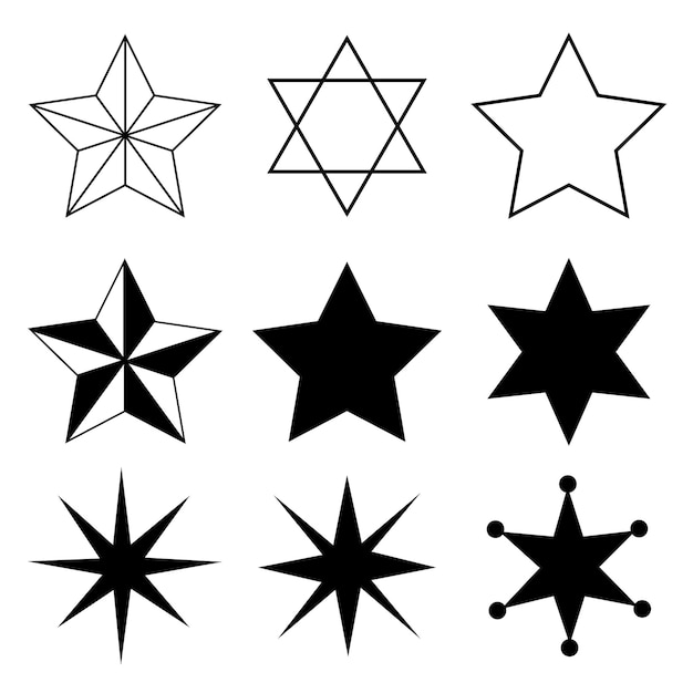 Insieme di variazione delle stelle. Stella a cinque punte, stella di David. Stelle vettoriali isolate.