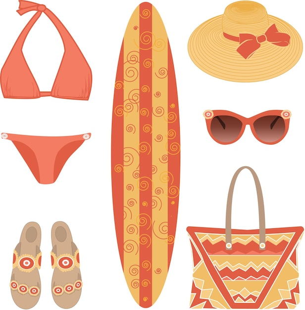 Insieme di vettore degli accessori da spiaggia dai sandali degli occhiali da sole del costume da bagno della tavola da surf