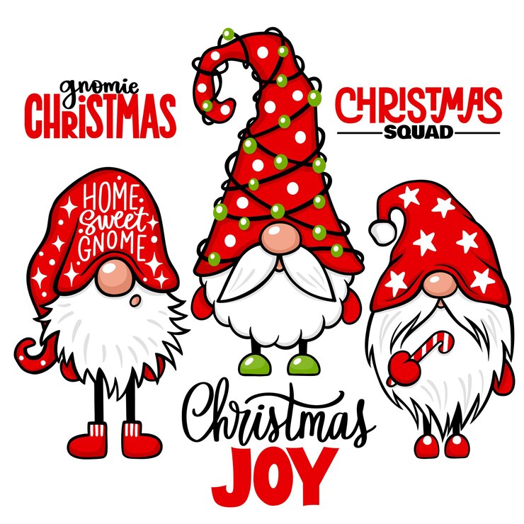 Insieme di vettore degli gnomi di Natale. Citazioni di Natale. Elfo carino isolato su bianco. Personaggi dei cartoni animati. Design natalizio per decorazioni natalizie, biglietti di auguri, etichette regalo, stampa t-shirt.