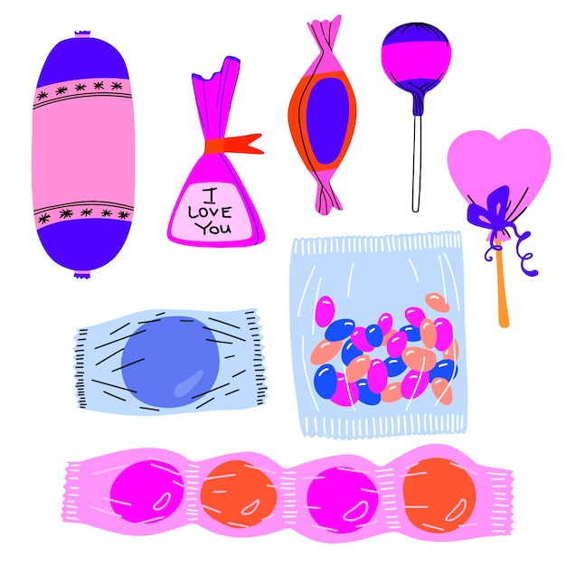 Insieme di vettore dei dolci disegnati in stile doodle