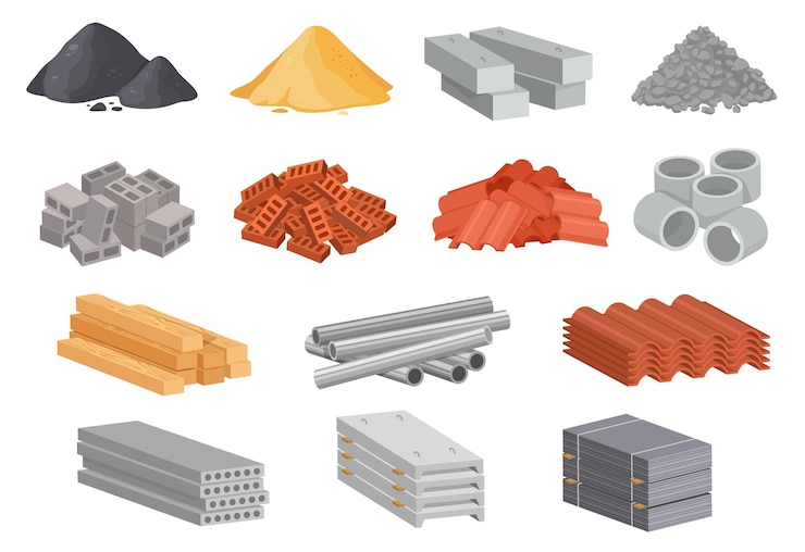 Vettore insieme di vettore dei materiali da costruzione industriali dei materiali da costruzione della casa del fumetto