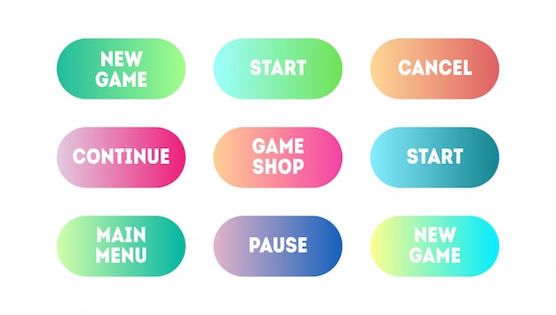 Insieme di vettore dei pulsanti app o gioco moderni gradiente. Pulsante web dell'interfaccia utente, design del materiale