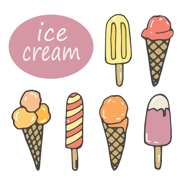 Insieme di vettore del gelato di doodle. ClipArt di inchiostro disegnato a mano