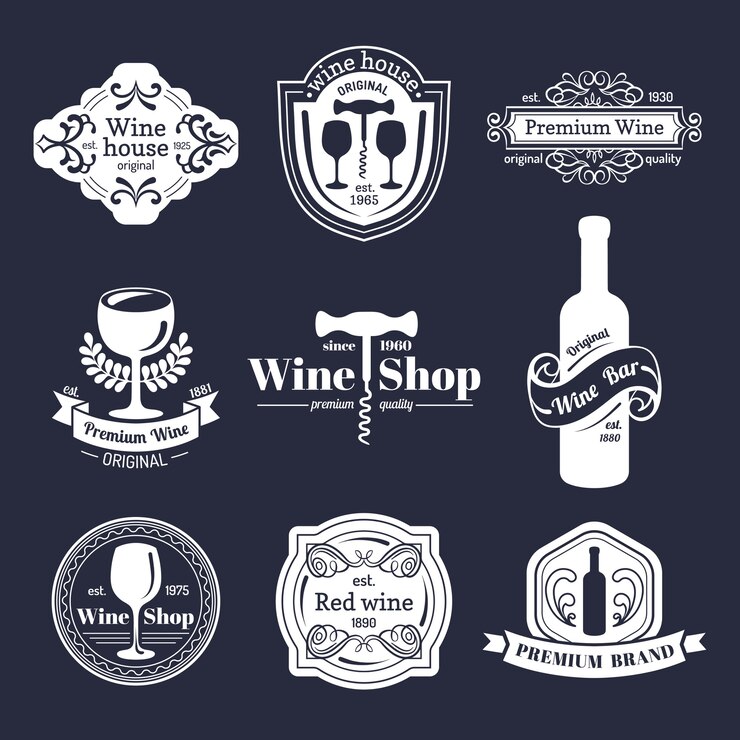 Insieme di vettore del logo del vino dell'annata. Collezione di icone di vino retrò.