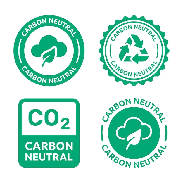 Insieme di vettore dell'icona dell'etichetta del bollo neutrale del carbonio. Illustrazione dell'adesivo per l'ambiente CO2 neutro.