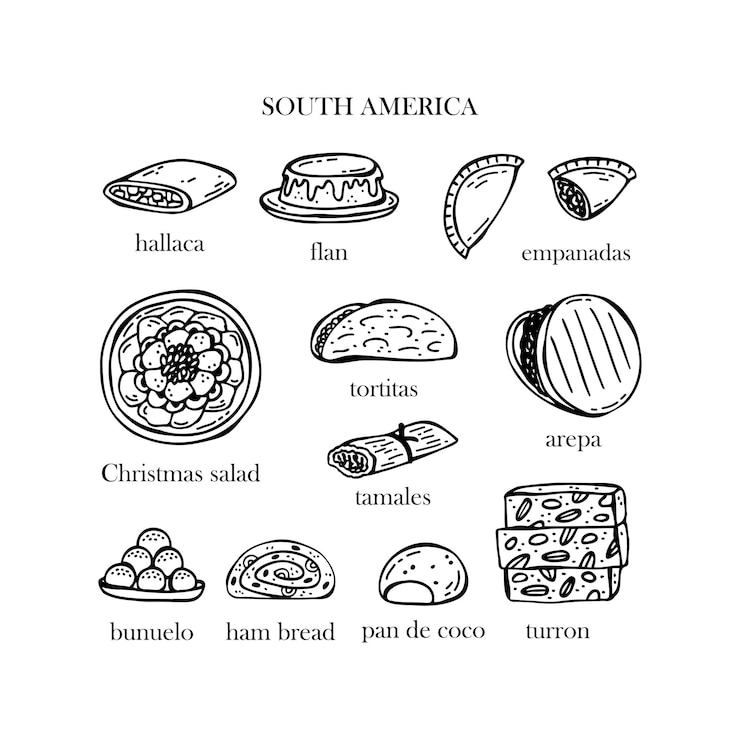 Vettore insieme di vettore delle illustrazioni dei piatti di natale del sud america illustrazione disegnata a mano