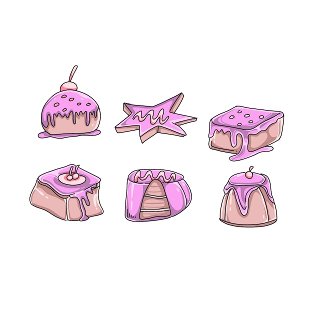 insieme di vettore delle illustrazioni di doodle disegnato a mano di torta e dessert