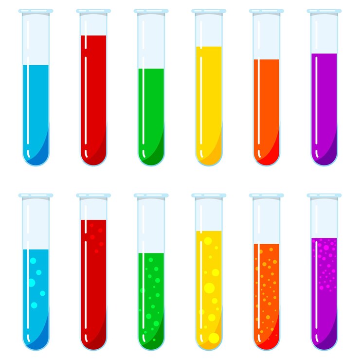 Insieme di vettore delle provette di vetro con i reagenti liquidi multicolori con e senza bolle isolate su fondo bianco. Design piatto stile cartone animato laboratorio chimico attrezzature icona illustrazione.