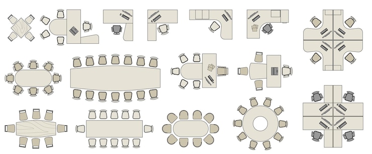 Vettore insieme di vettore di elementi di mobili per ufficio vista dall'alto kit per il piano dell'area di lavoro dell'appartamento della casa dell'ufficio collezione colorata di icona di interni pianta del divano della sedia del tavolo simbolo per il progetto di interior design