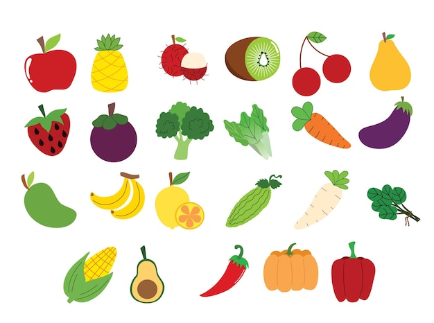 Insieme di vettore di frutta e verdura per foglio di lavoro prescolare stampabile