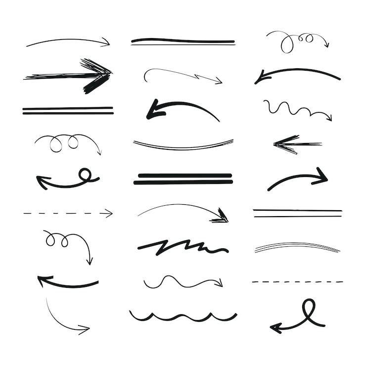 Vettore insieme di vettore di sottolineature disegnate a mano evidenziare linee e frecce