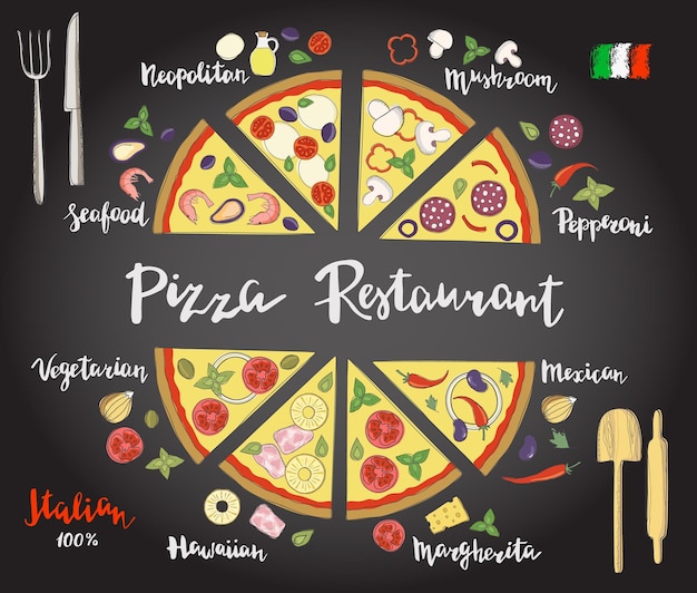 Insieme di vettore disegnato a mano fette di pizza varietà popolari