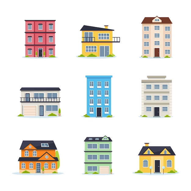 Insieme di vettori di illustrazioni piatte per case ed edifici