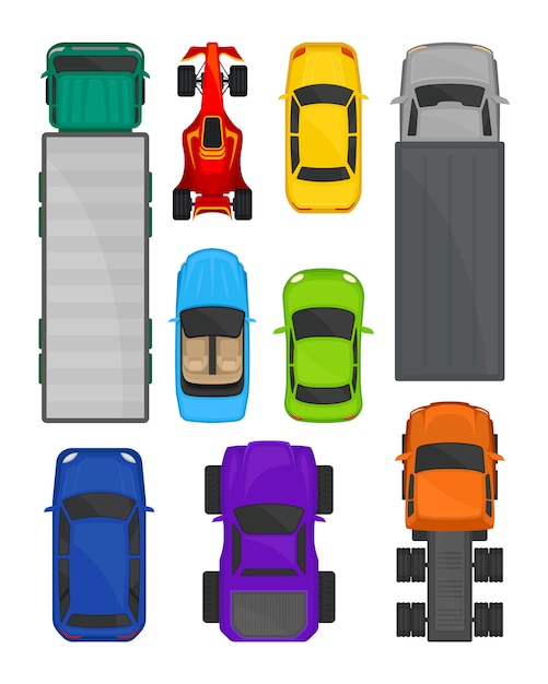 Insieme di vista superiore dei camion e delle automobili, città e carico che consegnano trasporto, veicoli per l'illustrazione del trasporto