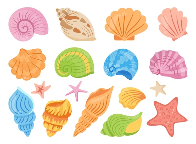 Insieme disegnato a mano del fumetto delle conchiglie oceano marino stella marina mollusco conchiglia lavandino acqua design piatto vettore