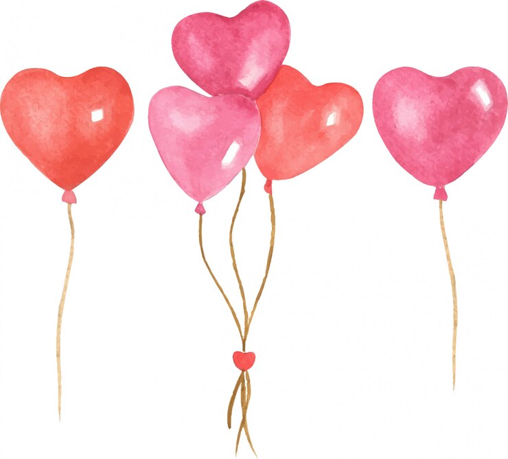 Insieme disegnato a mano dell'illustrazione dell'acquerello di giorno di S. Valentino dei palloni di forme del cuore. Colori vivaci, personaggio dei cartoni animati, oggetti isolati su sfondo bianco.