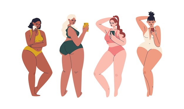 Insieme disegnato a mano di donne taglie forti con smartphone.