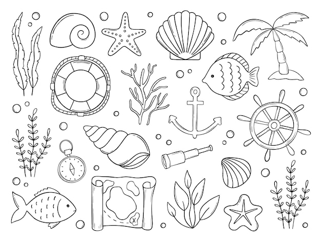 Insieme disegnato a mano di doodle marino Elementi marini conchiglie ancoraggio di alghe di pesce e xAlifebuoy in stile schizzo