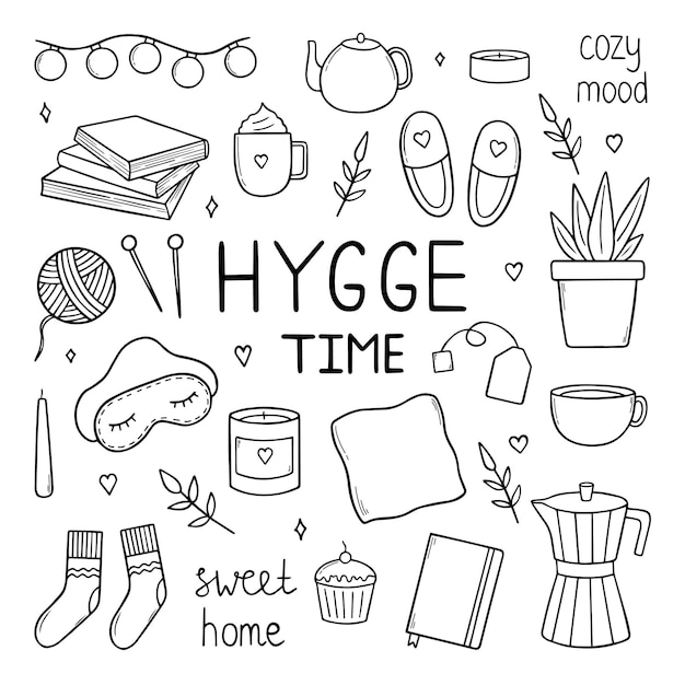 Insieme disegnato a mano di scarabocchi home hygge Casa accogliente