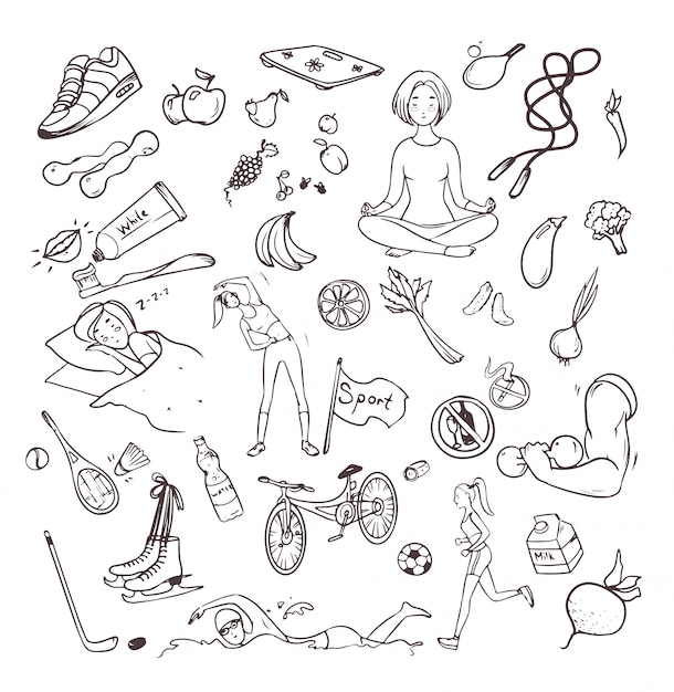 Insieme disegnato a mano di stile di vita sano. Collezione di oggetti doodle con simboli di fitness, sport, frutta, yoga. Contorno illustrazioni vettoriali.