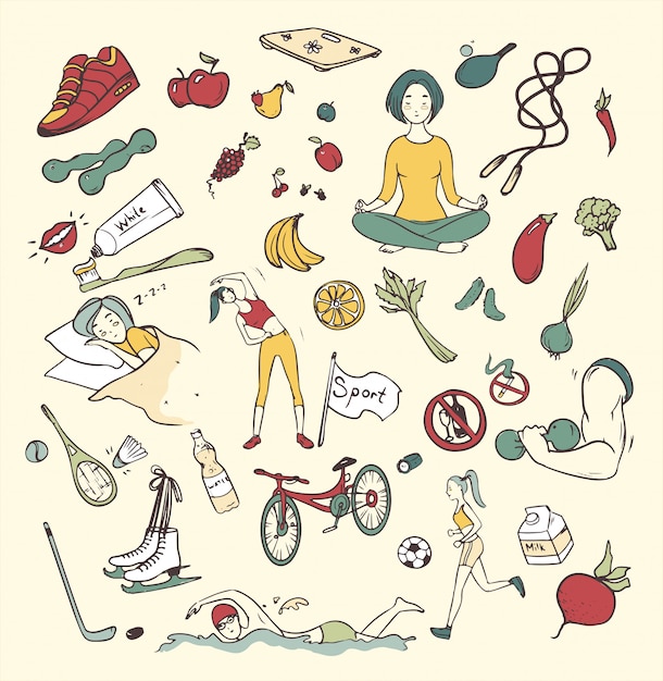 Insieme disegnato a mano di stile di vita sano. Raccolta di illustrazioni colorate con simboli di fitness, sport, frutta, yoga. .