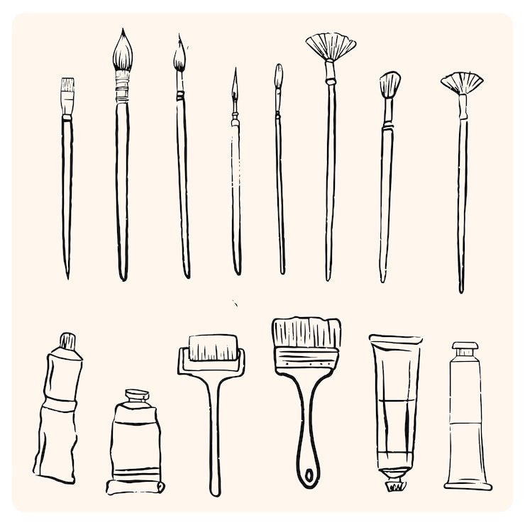 Vettore insieme disegnato a mano di strumenti per artisti doodle forniture artistiche in stile schizzo pennelli da cavalletto matite di vernice