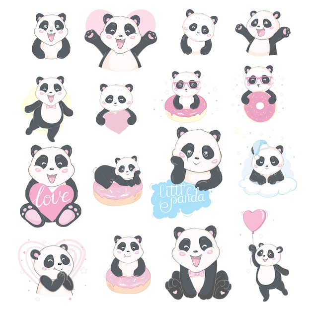 Insieme disegnato a mano sveglio di panda