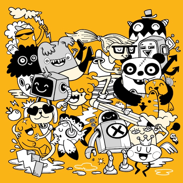 Insieme divertente del fumetto di Doodle. Illustrazione disegnata a mano
