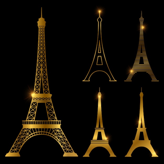 Insieme dorato differente del punto di riferimento di vettore della torre Eiffel. Parigi