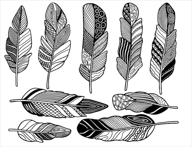 Insieme etnico tribale bohémien disegnato a mano di piume Schizzo di inchiostro bianco e nero Disegno a mano in stile boho etnico Collezione di piume rustiche Stile grafico realistico con linee graffiate