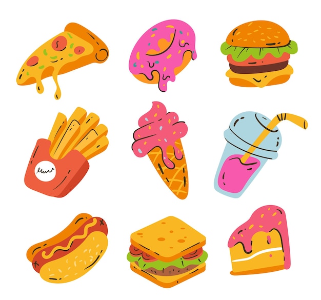 Insieme isolato elemento di disegno disegnato a mano degli alimenti a rapida preparazione