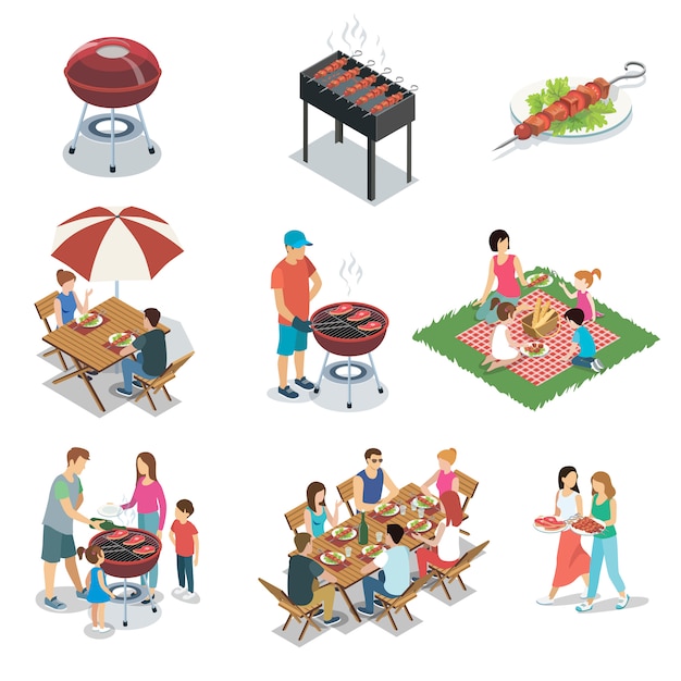 Insieme isolato partito del barbecue della griglia della famiglia