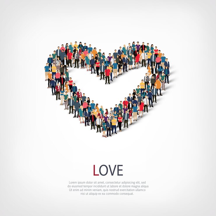 Insieme isometrico di amore, illustrazione di concetto di infographics di web di una piazza affollata. Gruppo di punti folla che forma una forma predeterminata. Persone creative.