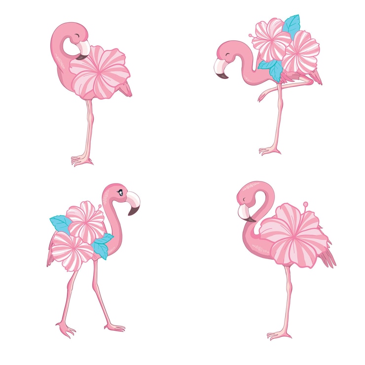 Vettore insieme piano del fumetto di vettore del fenicottero rosa. collezione di icone di uccelli tropicali esotici isolati su sfondo bianco.
