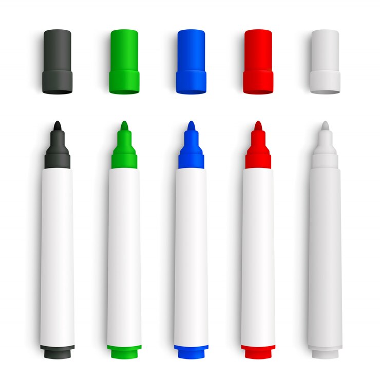 Insieme realistico 3D di pennarelli, rosso, verde, giallo, bianco e nero