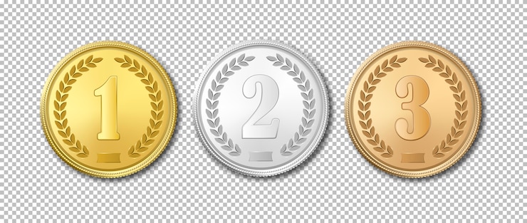Vettore insieme realistico dell'icona delle medaglie del premio dell'oro, dell'argento e del bronzo isolato su fondo trasparente.